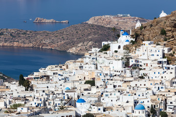 Aerial view of Chora town, Ios island, Cyclades, Aegean, Greece