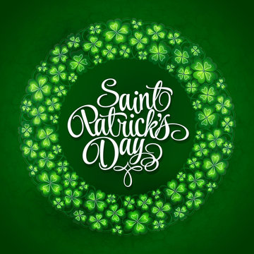 Irish four leaf lucky clovers wreath background for St. Patrick's Day. EPS 10.