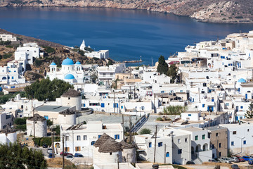 Aerial view of Chora town, Ios island, Cyclades, Aegean, Greece