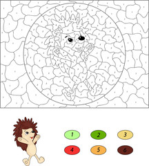 Cartoon hedgehog jumping. Color by number educational game for k