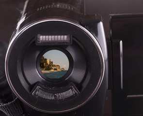 Videocamera with panorama on lens