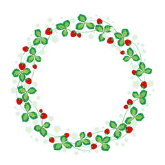 Beautiful vintage wreath of hand drawing flowers and strawberries and leaves