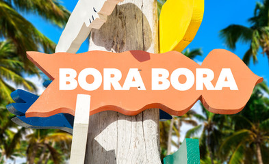 Bora Bora welcome sign with palm trees