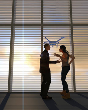 UAV drone peering through a window with horizontal blinds at two figures in conversation. Fictitious UAV is a unique design. Depicting erosion of privacy through technology; lens flare, motion blur.