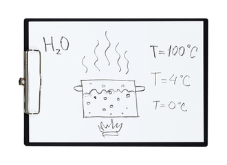 Clipboard and paper sheet with pencil drawing physical phenomenon boiling hot water, isolated object