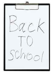 Clipboard and paper sheet with pencil drawing back to school, isolated object