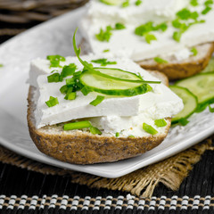 bread with curd cheese and chives.Shallow depth of field