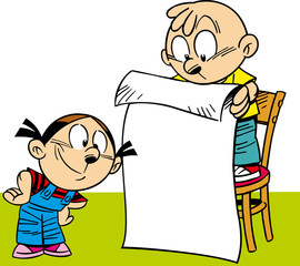 
The illustration shows a boy and a girl reading a poster. Illustration done in cartoon style, on separate layers, there is block for text.