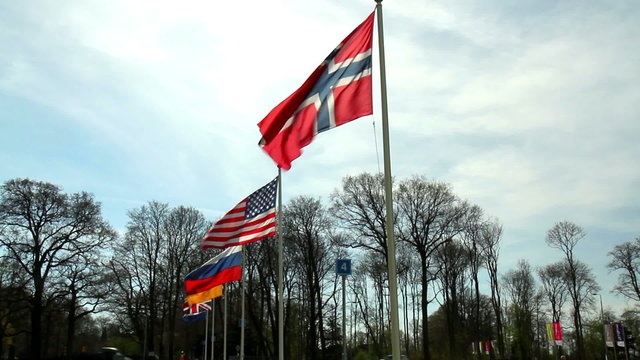 Flags of Norway, the US, Russia, Germany and the UK waving In the wind.