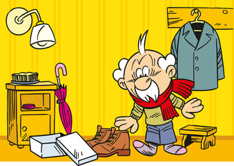 
The illustration shows an elderly man, who dresses in the hallway at home