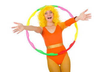 Woman with hula hoop isolated on white