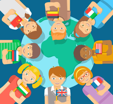 Smiling happy kids of different races around the Earth. Children hold flags of different countries. Childhood friendship worldwide. Flat vector illustration. International communication concept