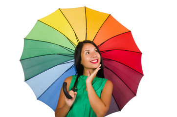 Woman with umbrella isolated on white
