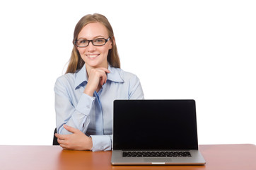 Office employee with laptop isolated on white