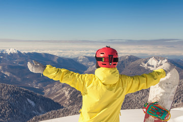 Adventure to winter sport. Snowboarder girl