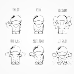 Fototapeta premium Set of Hand drawn cartoon astronaut in space suit. Line art cosmic vector illustration.