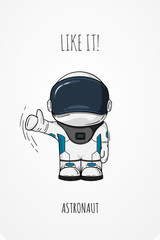 Hand drawn astronaut in spacesuit. Line art cosmic vector illustration. Thumbs up. Like.