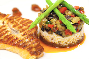 Vegetable tartar and grilled salmon