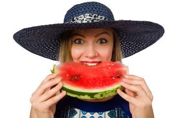 Woman eating watermelon isolated on white
