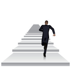 Conceptual 3D business man running or climbing white stair isolated