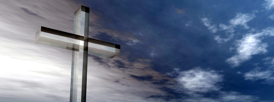Conceptual glass cross or religion on water over a sunset sky banner