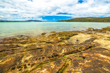Lime Bay beach of camping within the Lime Bay State Reserve, located at the northern end of the Tasman Peninsula to the west of Whitehouse Point. Tasmania, Australia. .
