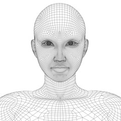 Conceptual 3D wireframe human female or woman face or head