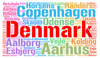 Denmark word cloud with the biggest cities 