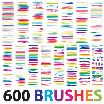 Very large collection or set of 600 artistic colorful paint brush strokes