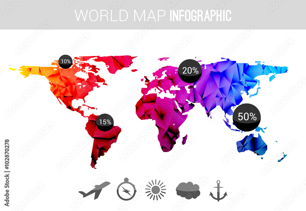 Poster vector 3d world map with points and percantage. triangle blue red globe travel world map infographic