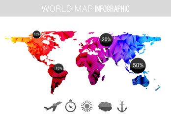 Vector 3d world map with points and percantage. Triangle blue red globe travel world map infographic concept