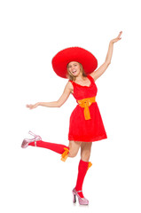 Woman wearing sombrero on the white