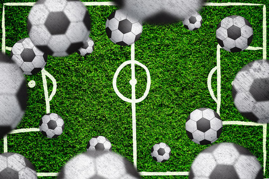 Abstract soccer field with many soccer balls. Blurred and grunge textured soccer balls on green football field background with copy space. Selective focus used.