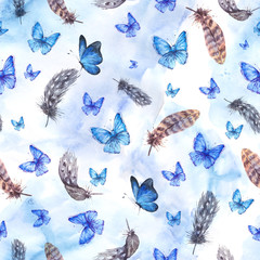 Watercolor seamless background with feathers and blue butterflie