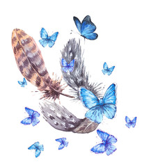 Watercolor greeting card with feathers and blue butterflies