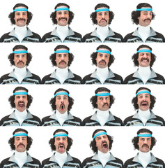 curly long hair and mustache vintage 70s caucasian sport man collection set of face expression like happy, sad, angry, surprise, yawn isolated on white