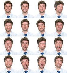 business elegant short hair beard caucasian man collection set of face expression like happy, sad, angry, surprise, yawn isolated on white