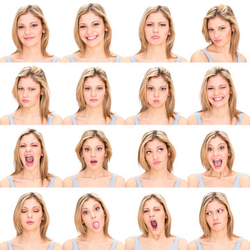 long hair blonde young casual caucasian woman collection set of face expression like happy, sad, angry, surprise, yawn isolated on white