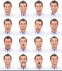 Fototapeta na wymiar brunette short hair young business caucasian man collection set of face expression like happy, sad, angry, surprise, yawn isolated on white