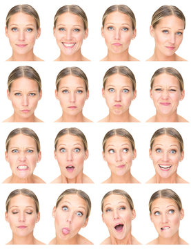 blonde european adult caucasian woman collection set of face expression like happy, sad, angry, surprise, yawn isolated on white