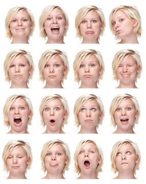 blonde european young caucasian woman collection set of face expression like happy, sad, angry, surprise, yawn isolated on white