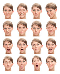 blonde young caucasian woman collection set of face expression like happy, sad, angry, surprise, yawn isolated on white