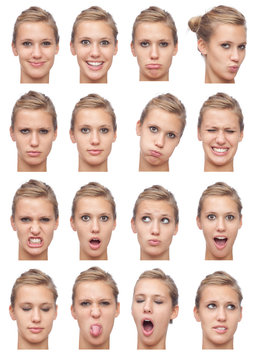 blonde straight hair young caucasian woman collection set of face expression like happy, sad, angry, surprise, yawn isolated on white
