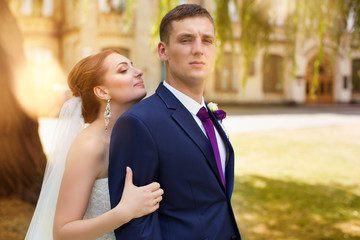 Happy bride and groom at the wedding walk