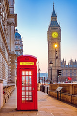 Traditional red phone booth and Big Ben in London - obrazy, fototapety, plakaty