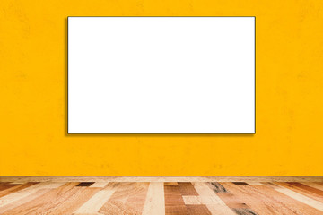 Blank folded paper poster hanging on yellow wall