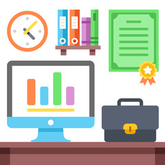 Business workspace icons set. Creative vector flat illustration
