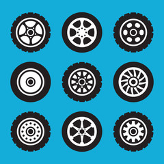 Tires and wheels icons set. Vector icons set