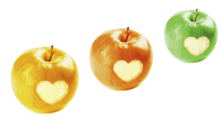 Collage of apples with heart isolated on white