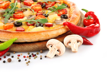 Delicious pizza with vegetables, isolated on white